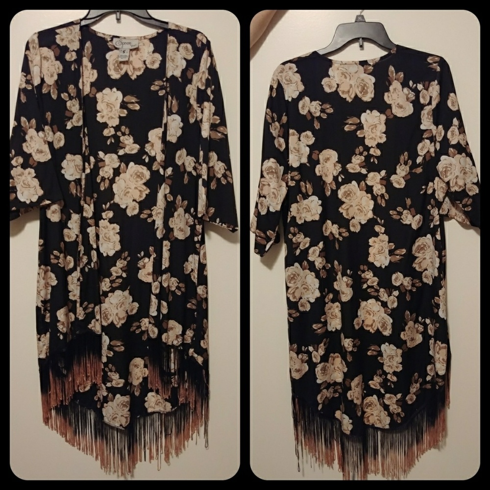 Black/Tan Floral Open Kimono